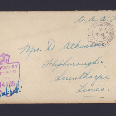 Envelope addressed to Mrs D Atkinson